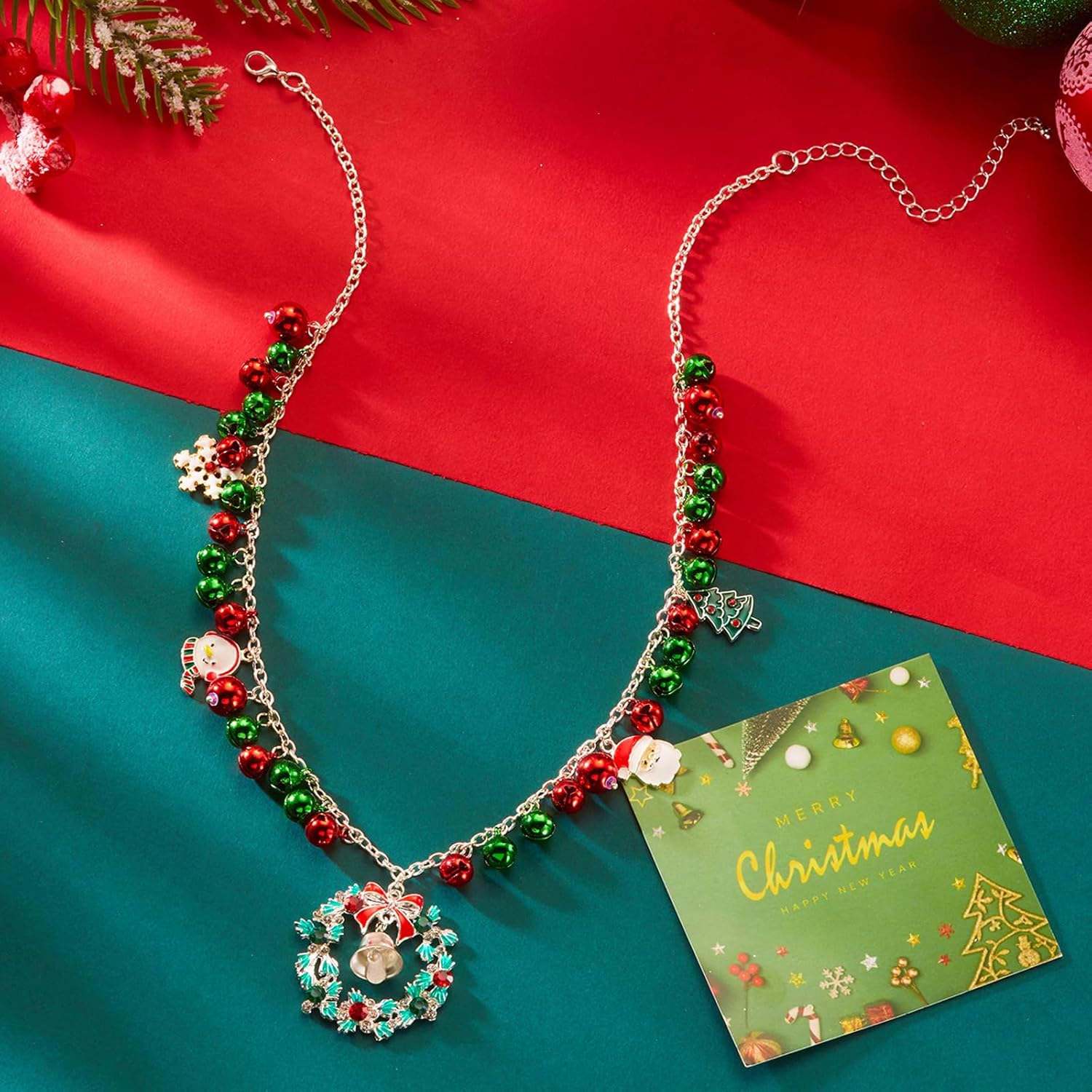 Aonklot Christmas Charm Necklace for Women Snowflake Bow Santa Claus Bell Pendant Gold Chain Dainty Statement Jewelry Gift - Image 7