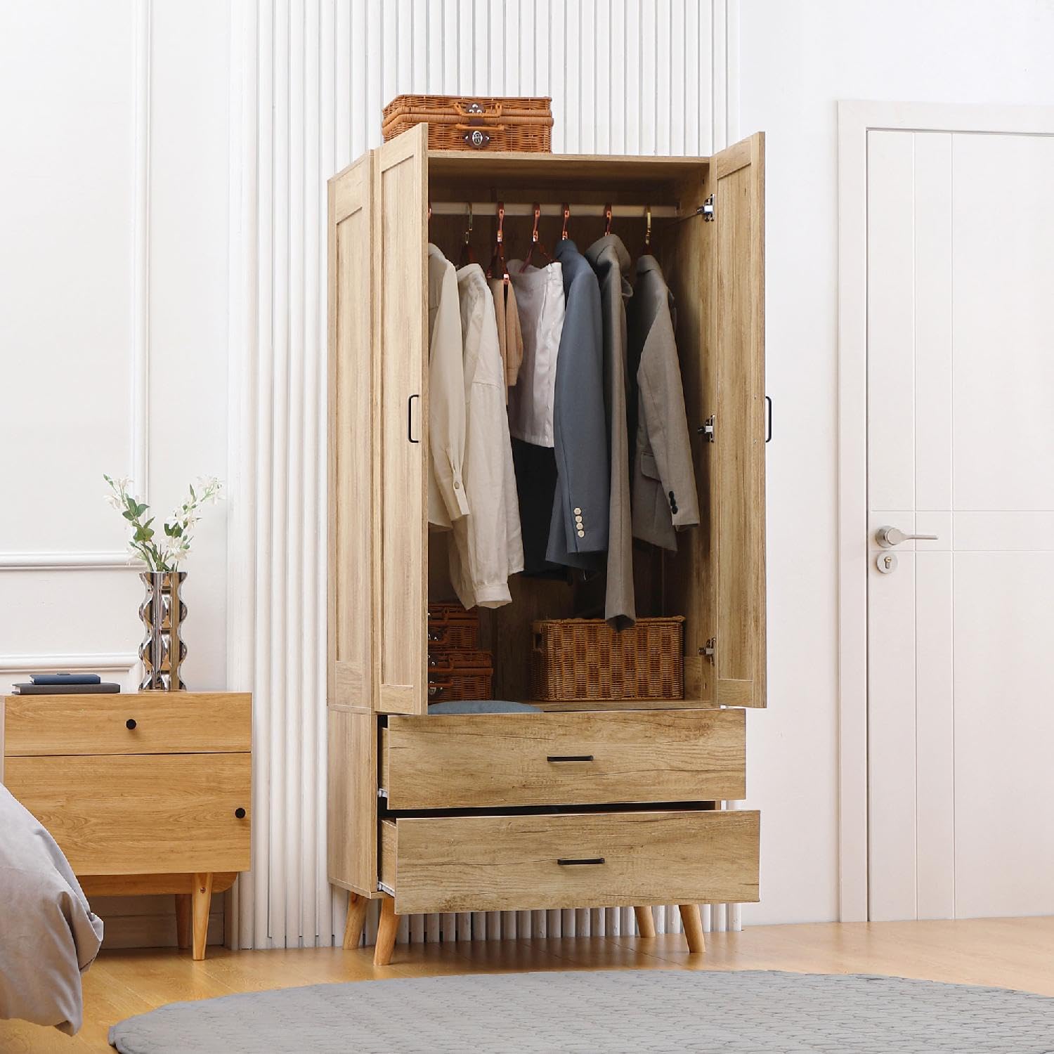 Armadio Camera da Letto Guardaroba 2 Ante Battenti e 2 Cassetti con Asta Appendiabiti 80x54x180 cm Legno