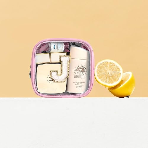 Miniatura 2 de Pequeña bolsa de maquillaje transparente con letra inicial personalizada, bolsa de maquillaje de nailon con parche preppy de chenilla, letra A-Z,
