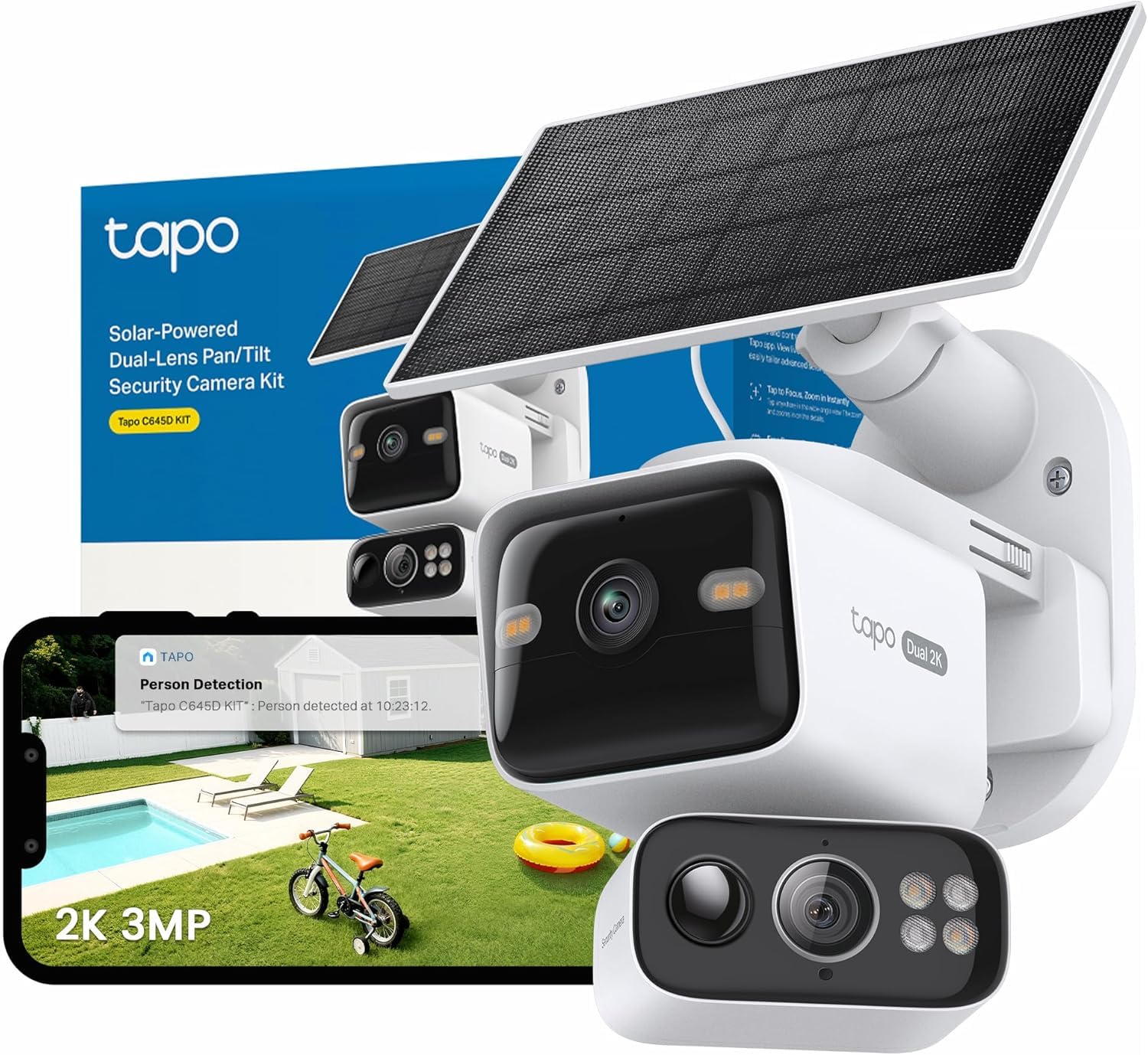 Tapo C645D Kit - Cámara de seguridad solar Wi-Fi para exteriores - Doble lente 2K Pan/Tilt 360°, visión nocturna a color, detección de personas/mascotas AI, batería de 10.000 mAh, Wi-Fi 2.4/5 GHz