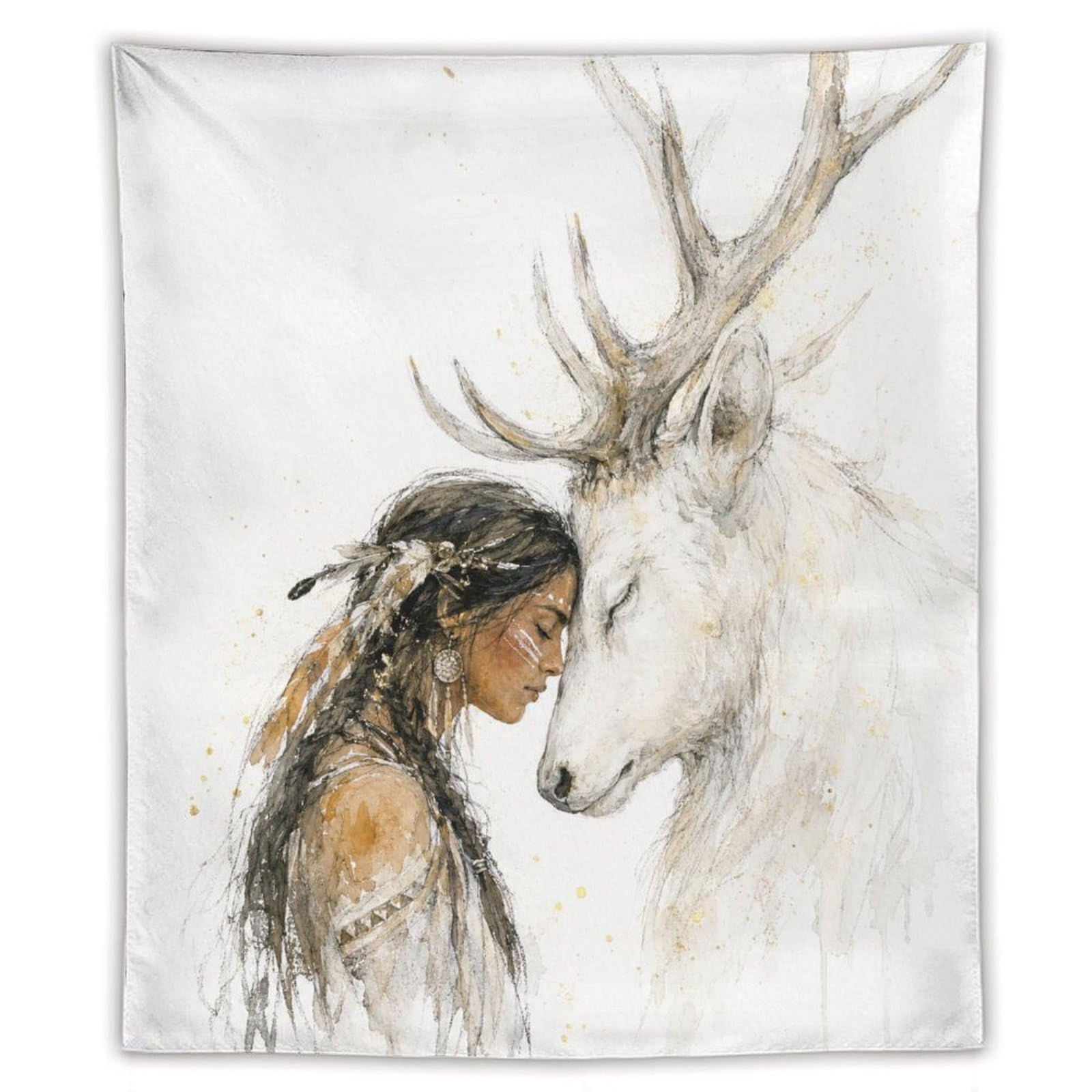 Native Woman with White Deer Wall Tapestry, Watercolor, Living Room