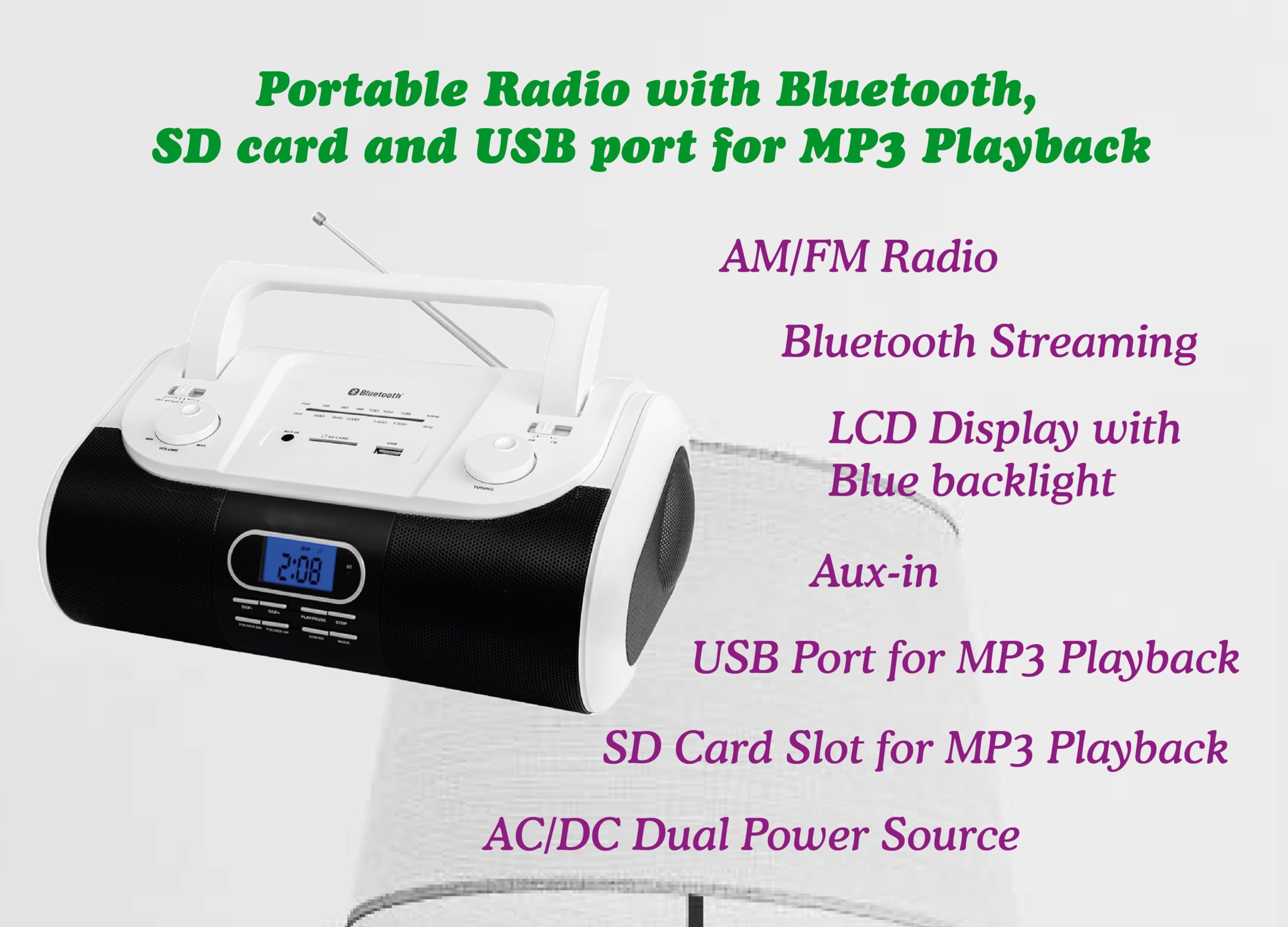 HANNLOMAX HX-509R Portable AM/FM Radio, Bluetooth, USB/SD Slot for MP3 Playback, Aux-in, AC/DC Dual Power Source. (White)