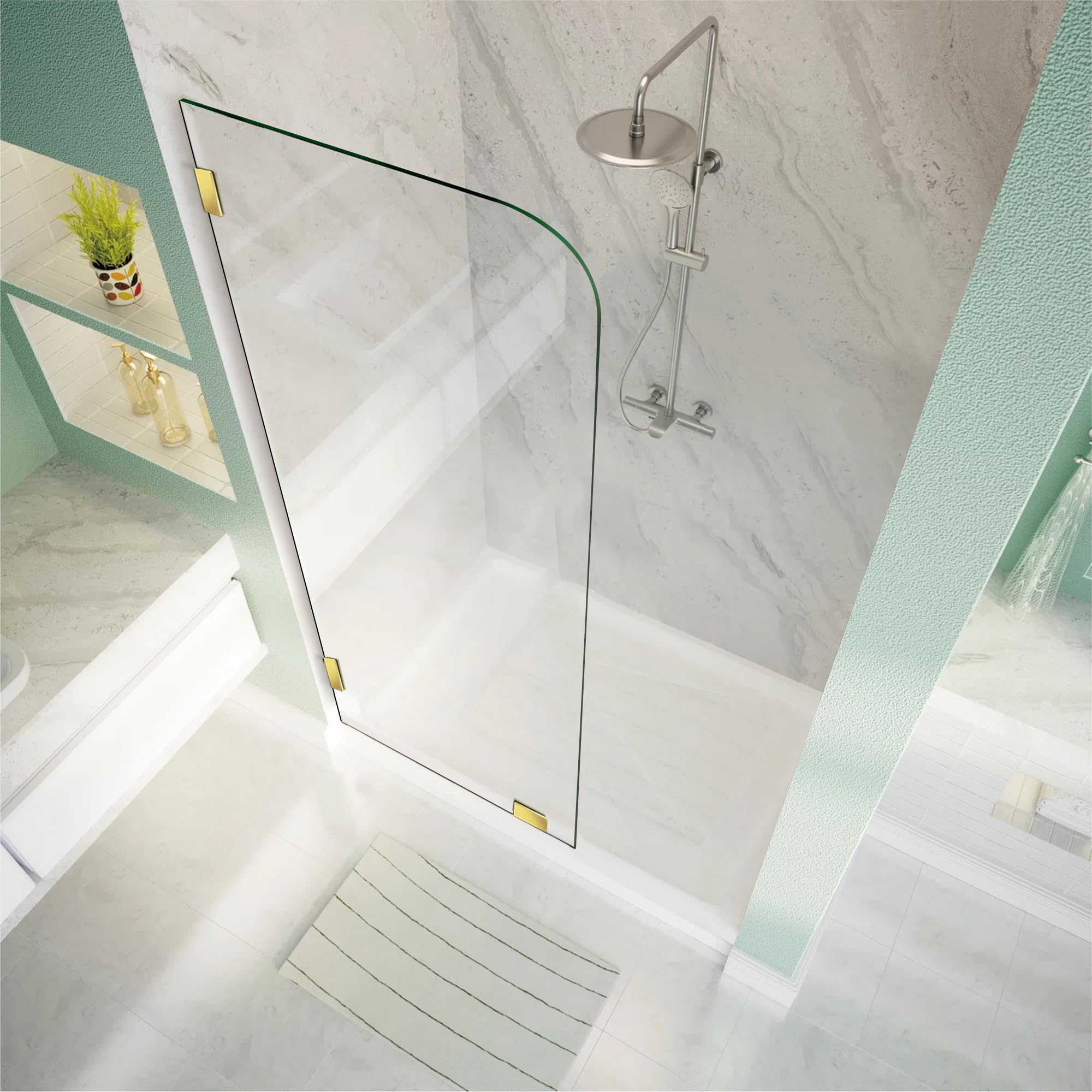 Condition photo showing New/Like New for STADREAM Shower Glass Panel 36" W ×78" H Fixed Frameless Shower Door in Brushed Gold 5/16"(8mm) Thick Clear Tempered Glass Panel with Clamps Bathroom Screen for Walk in Shower