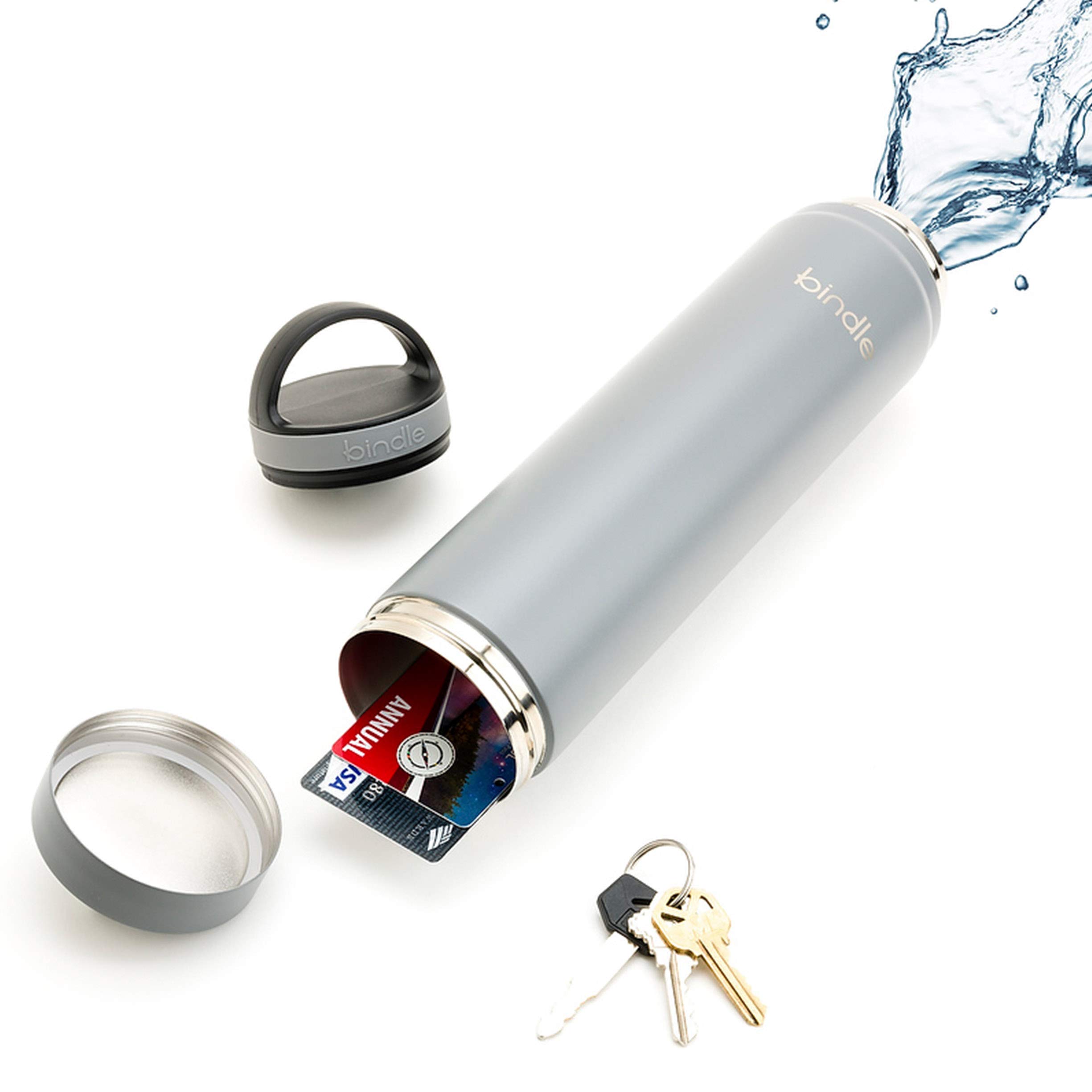 Bindle Bottle 20oz Slim Grey | Stainless Steel Double Walled & Vacuum Insulated Water Bottle with Storage/Stash Compartment | Cup Holder Friendly | Drinks Stay Cold for 24 Hours, Hot for 12