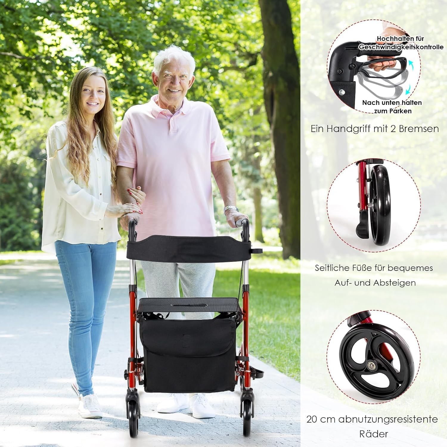 FANTASK Deambulatore pieghevole e leggero con sedile, sedia 2 in 1 e carrello da viaggio, regolabile in 6 posizioni