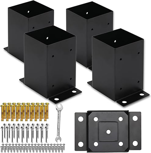 Base de poste de 4 x 4, 4 soportes de poste de tamaño interior de 3.78 x 3.78 pulgadas, acero grueso grueso grueso con recubrimiento de polvo negro