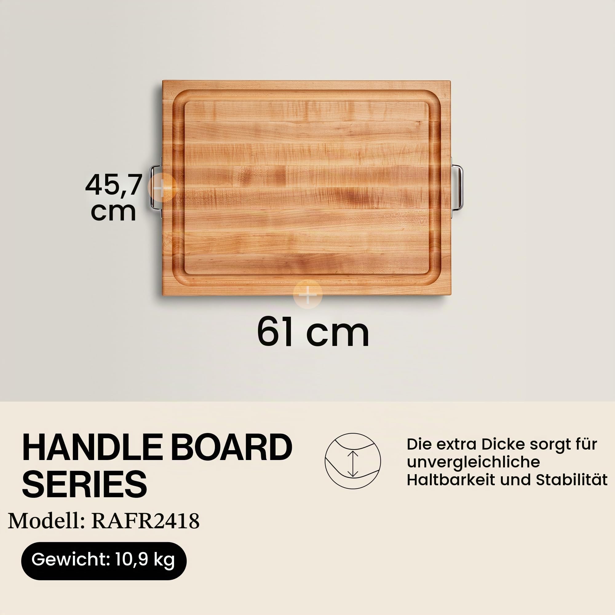 Boos Block BBQ Schneidebrett mit Edelstahlgriffen und Saftrille XXL – 61 x 46 x 6 cm – Schneidebrett Holz mit Griff – Ahornbrett groß – Hackbrett – Fleischbrett – Profi-Brett | 61 x 46 x 6 CM - Schneidebrett Holz Mit Griff - Nordamerikanisches Ahorn Schne