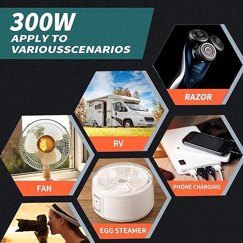 Miniatura 7 de RUTNRIXA Inversores de corriente de 300 W, 12 V CC a 110 V CA, convertidor para vehículos USB-CPD de 25 W, puertos de carga rápida, adaptador de