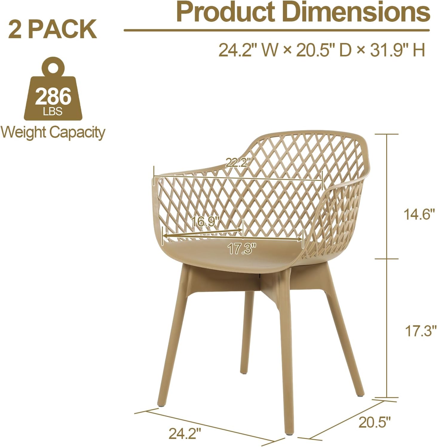 Aoodor Modern Dining Chairs Set of 2, Weather-Resistant Plastic Cafe Chairs with Ergonomic Back and Non-Slip Pad, Suitable for Patio, Restaurant, Yard, Porch, Balcony, Khaki