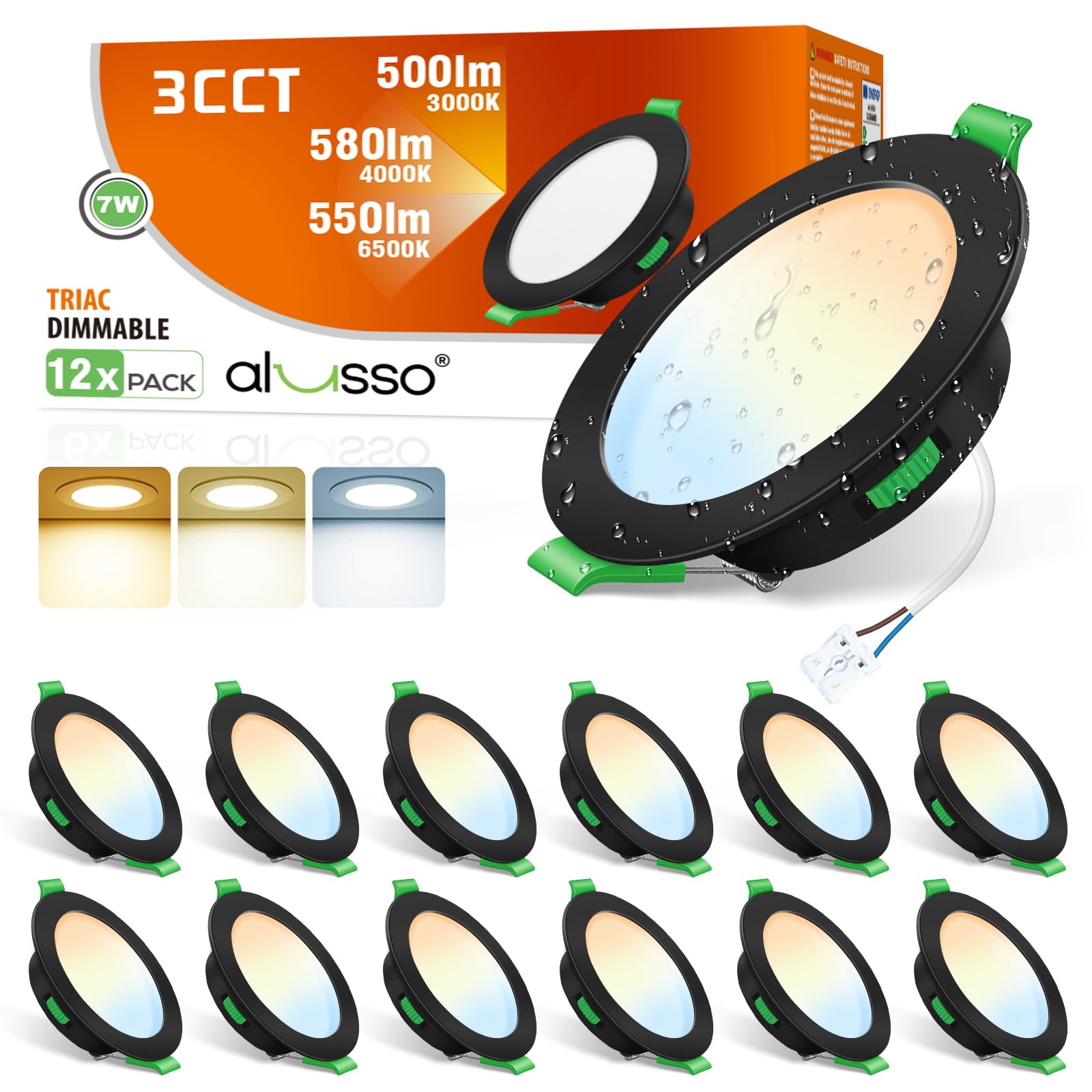 ALUSSO LED Spot Encastrable Extra Plat 7W 510 Lumen Noir Dimmable 3000K-6500K 230V Lot de 12