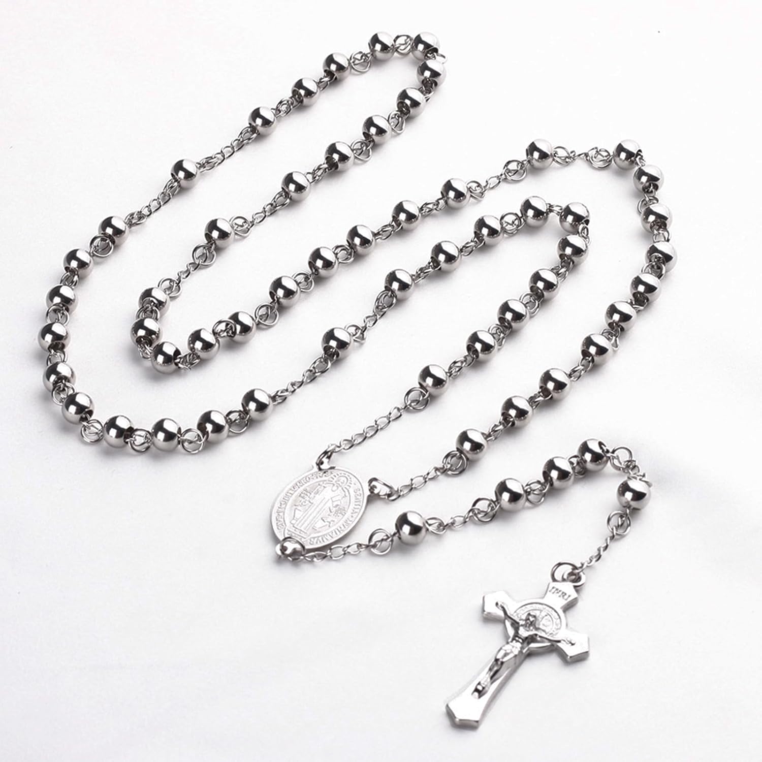 6mm Beads Stainless Steel Saint Benedict and Crucifix Cross Pendant Rosary Necklace with Gift Box - Image 2
