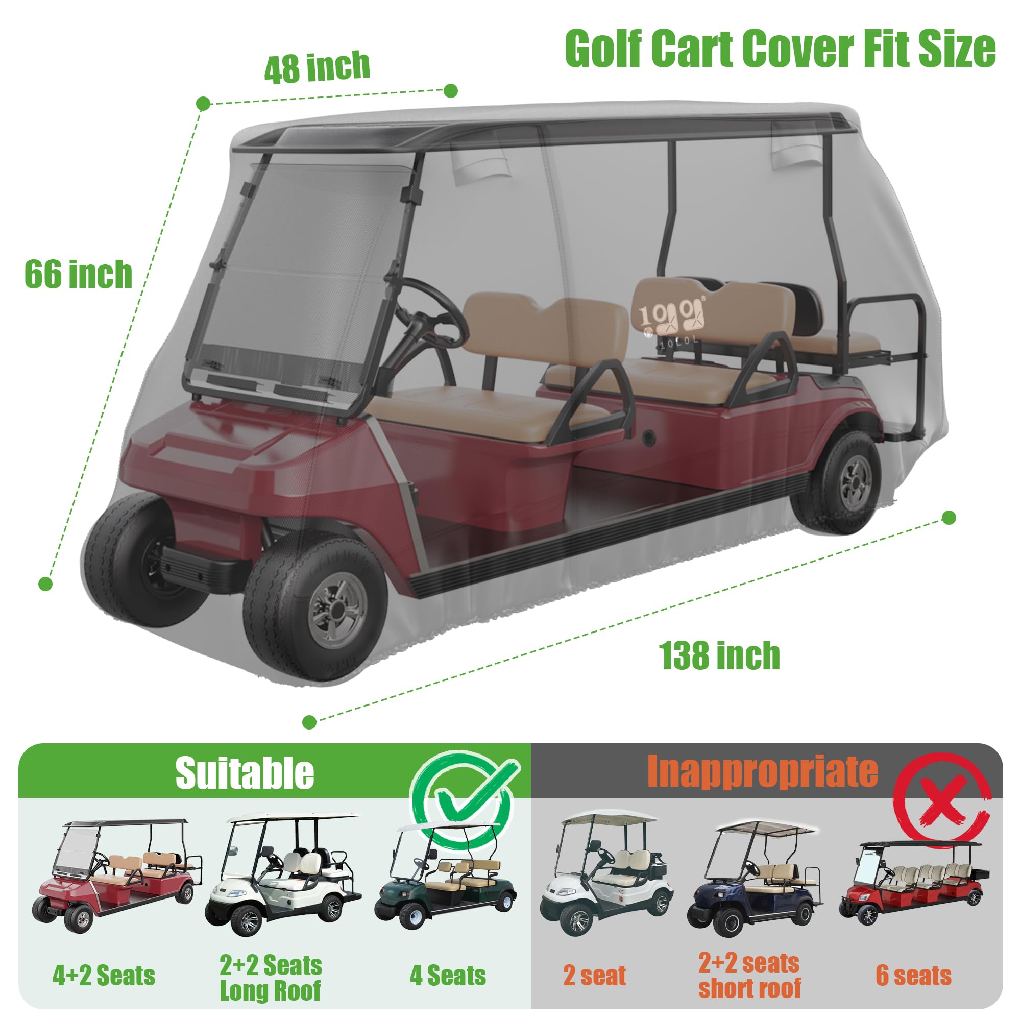 10L0L Wodoodporny pokrowiec na wózek golfowy dla 4+2 i 4-osobowych | tkanina Oxford 420D | uniwersalne dopasowanie Yamaha, EZGO, samochód klubowy, wiatroszczelny, z 3 zamkami błyskawicznymi