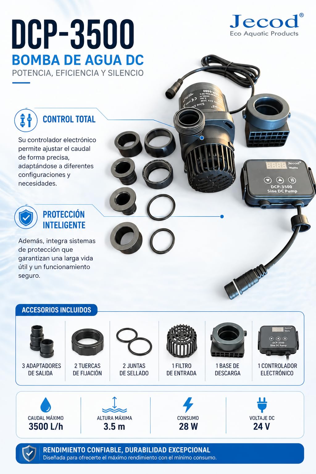JEBAO DCP-3500 Bomba de Retorno para Acuario, 3500 L/h, 28 W, 24 V, Caudal Regulable, Controlador Electrónico