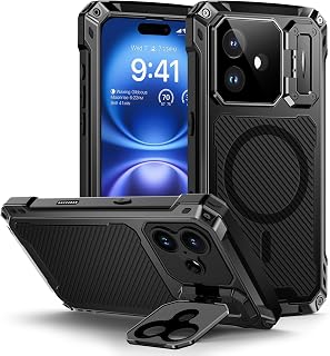 Lanhiem for iPhone 16 Metal Case with Camera Cover & Stand [Compatible with MagSafe] [Built-in Kickstand] [Military-Grade Protection] Heavy Duty Rugged Magnetic Phone Case, Black