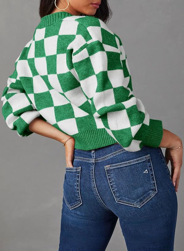Dokotoo Winter Clothing for Women Cardigan Sweaters for Women Button Up Long Sleeve Cable Knit Cropped Sweater 2026 Fall Clothes V Neck Plaid Sweaters Fashion Loose Cardigans Coats Outerwear Green XL by Dokotoo - Image 3