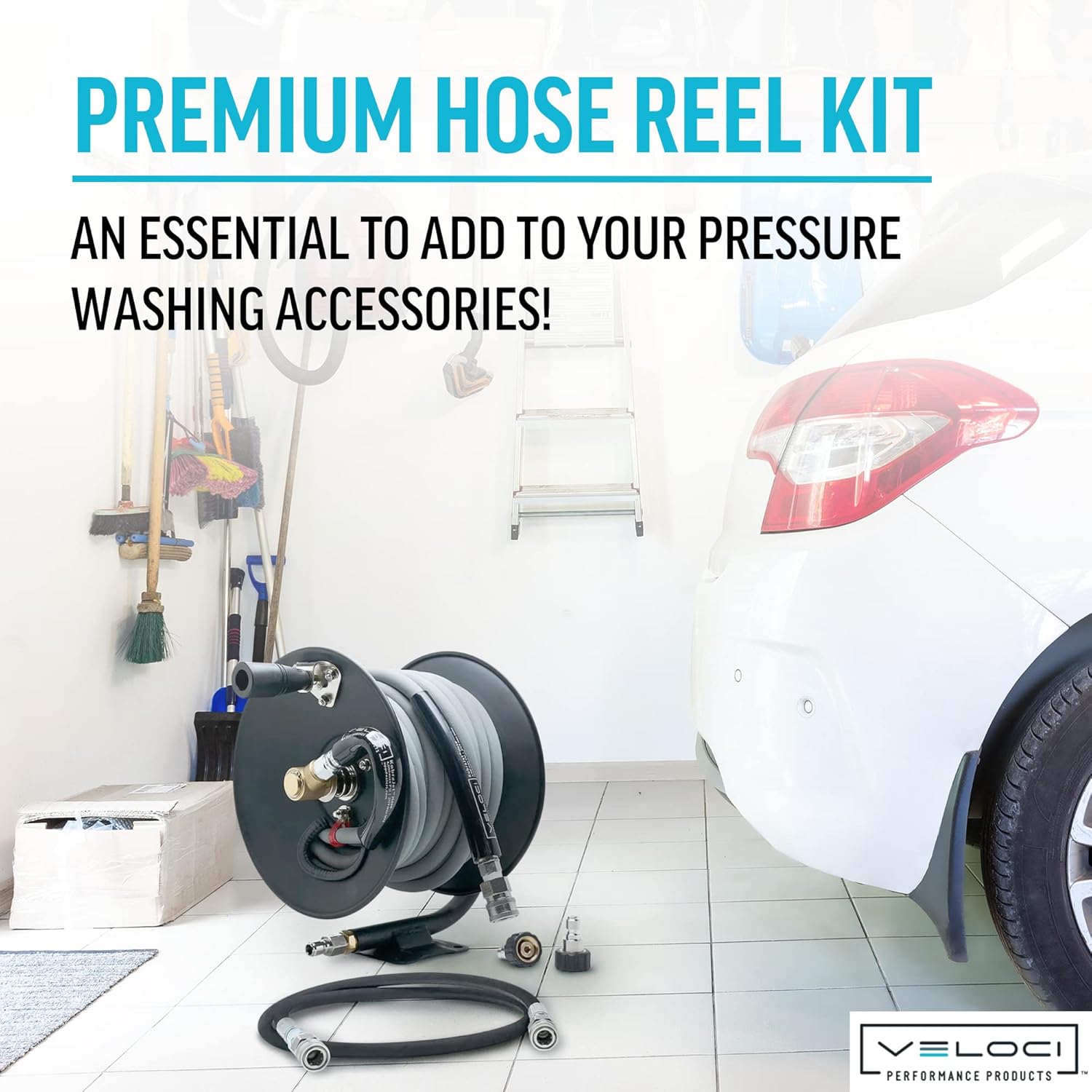 MTM Hydro Pressure Washer Hose Reel Kit, Metal Heavy-Duty Hand Crank Wall Mounted, Commercial Grade with Kobrajet Non-Marking Gray Hose High Pressure 3/8” 4000 PSI 100’