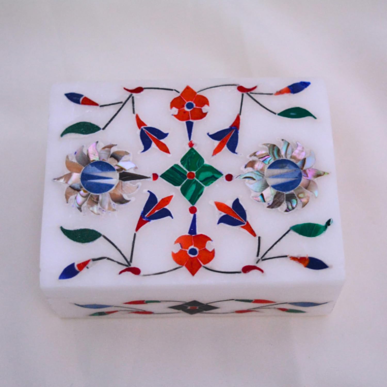 Marble Inlay Jewelry Box 4x3 – Handmade Floral Trinket & Ring Organizer, Shiny Decorative Marble Box, Unique Inlay Art, Perfect Birthday Gifts & Elegant Home Decor for Women