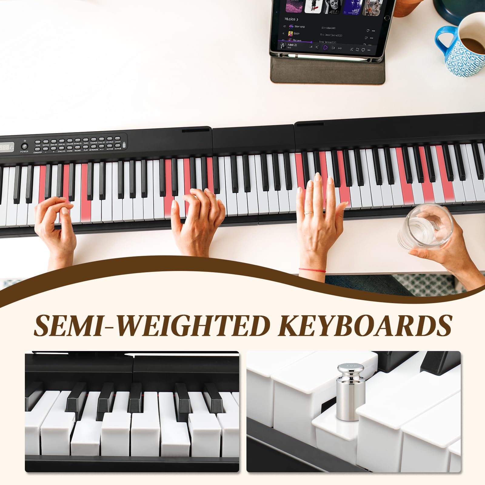 Bonnlo GPP-101 88-Tasten Digitalpiano mit Semi-Gewichteten Tasten, Bluetooth (Audio & MIDI), 150 Demo-Songs, 1000 Rhythmen & Klangfarben, Sustain Pedal, Kopfhörer, LED Display und USB-MIDI, Schwarz