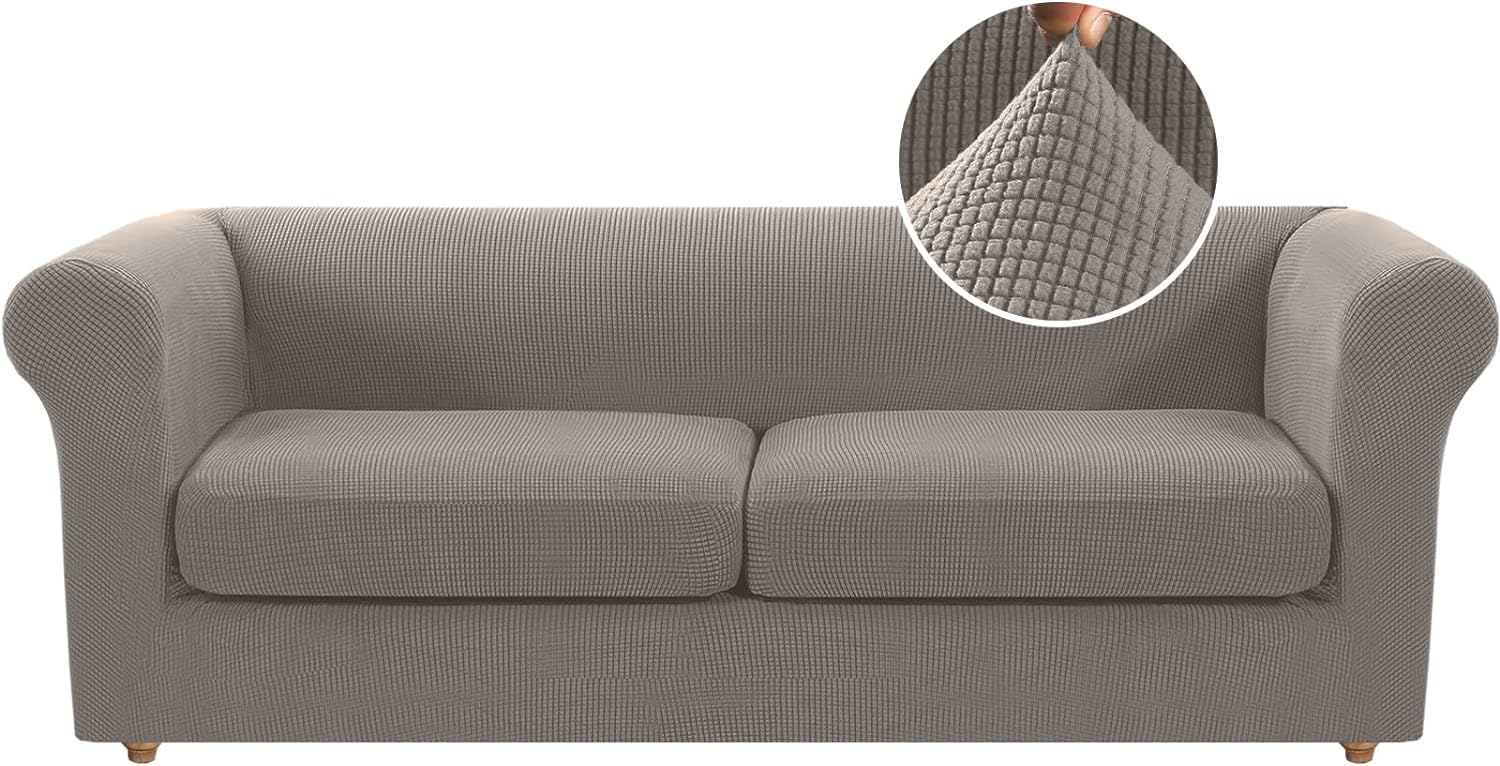 LINGKY Stretch Chesterfield Sofa Cover 2 Seater With 2 Separate Sofa Cushion Covers, Jacquard Spandex Non-Slip Sofa Slipcovers for Living Room Furniture Protector (Taupe,Large 2 Seater)