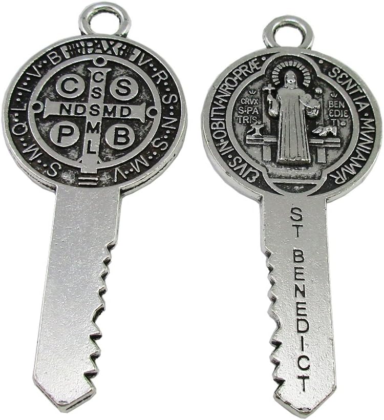 Glary 50pcs of Antique Silver Exorcism Protection Saint Benedict Pocket Key Pendant
