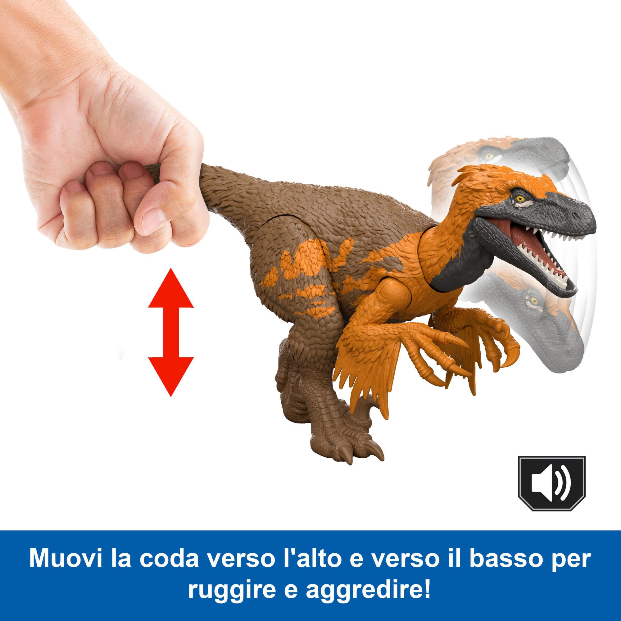 Mattel Jurassic World La Rinascita Utahraptor Ruggito Selvaggio, dinosauro giocattolo con attacco multidirezionale azionato con la coda e suoni, snodato, gioco digitale, JGC80