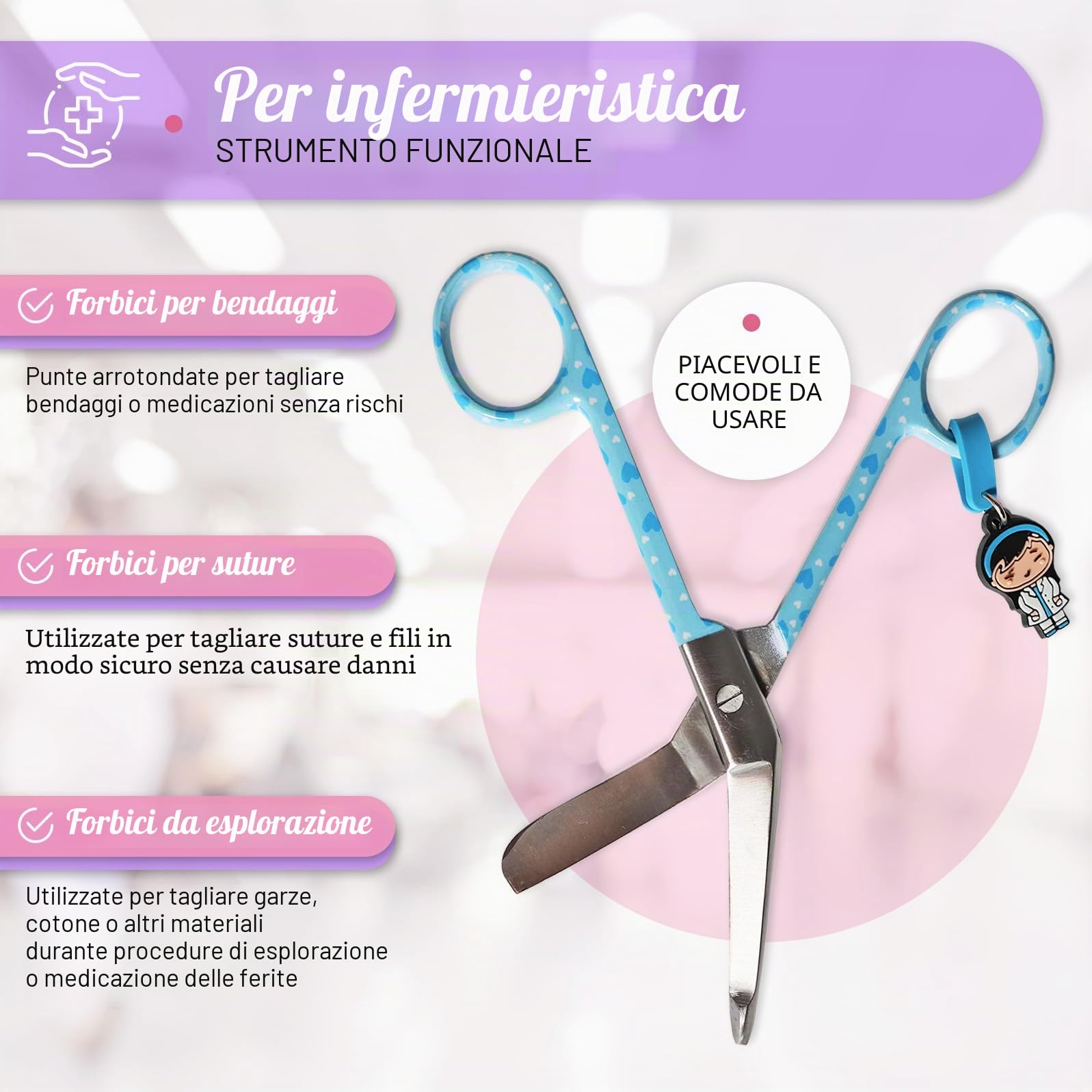Forbici per infermieri - forbici con punta arrotondata - in acciaio inossidabile - design - portachiavi distintivo (AZZURRO)