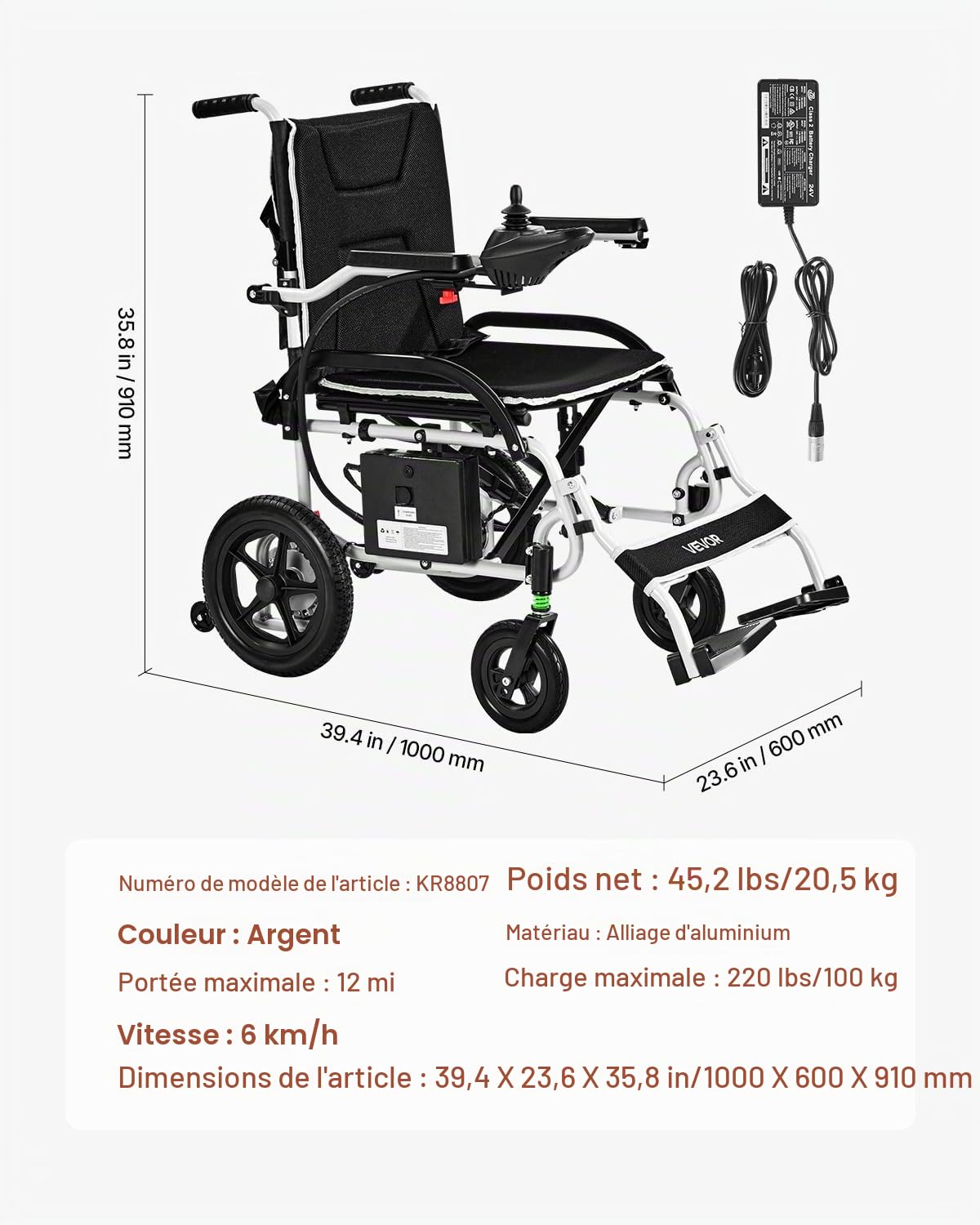 VEVOR Fauteuil Roulant Électrique, Capacité de Charge 100 kg, Autonomie 19,3 km, Siège Spacieux Confortable 450 mm, Fauteuil Roulant Motorisé Pliable Léger Portable pour Personnes Âgées, Handicapées