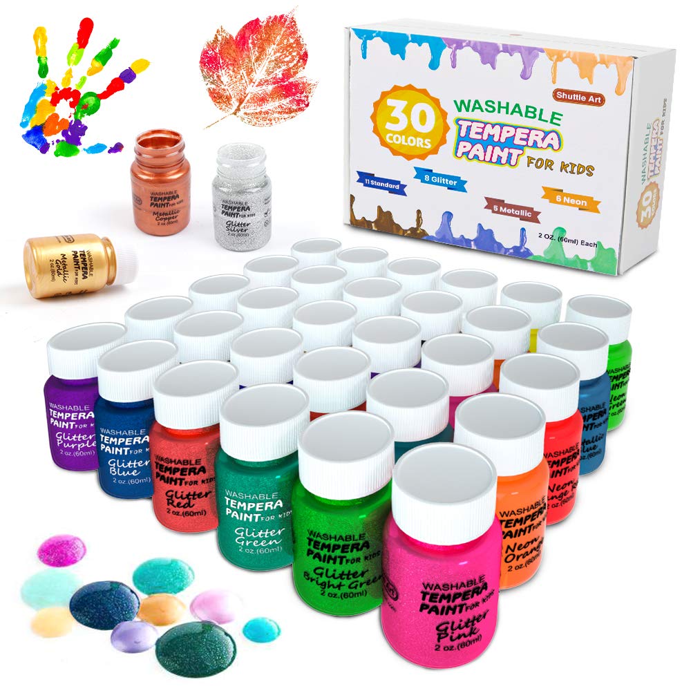 Shuttle Art Tempera Paint, 30 Colors Washable Tempera Paint Set for Kids, 2oz Bottles, Metallic Glitter and Neon Colors and Wide Mouth Bottles Easy for Posters, and Projects
