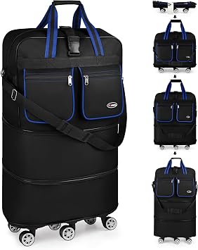40 Expandable Rolling Duffle Bag w/Wheels,Foldable | Sturdy Handle,Lightweight,Durable Fabric,Duffle Bag for Travel for Men Women,40-Black-Blue