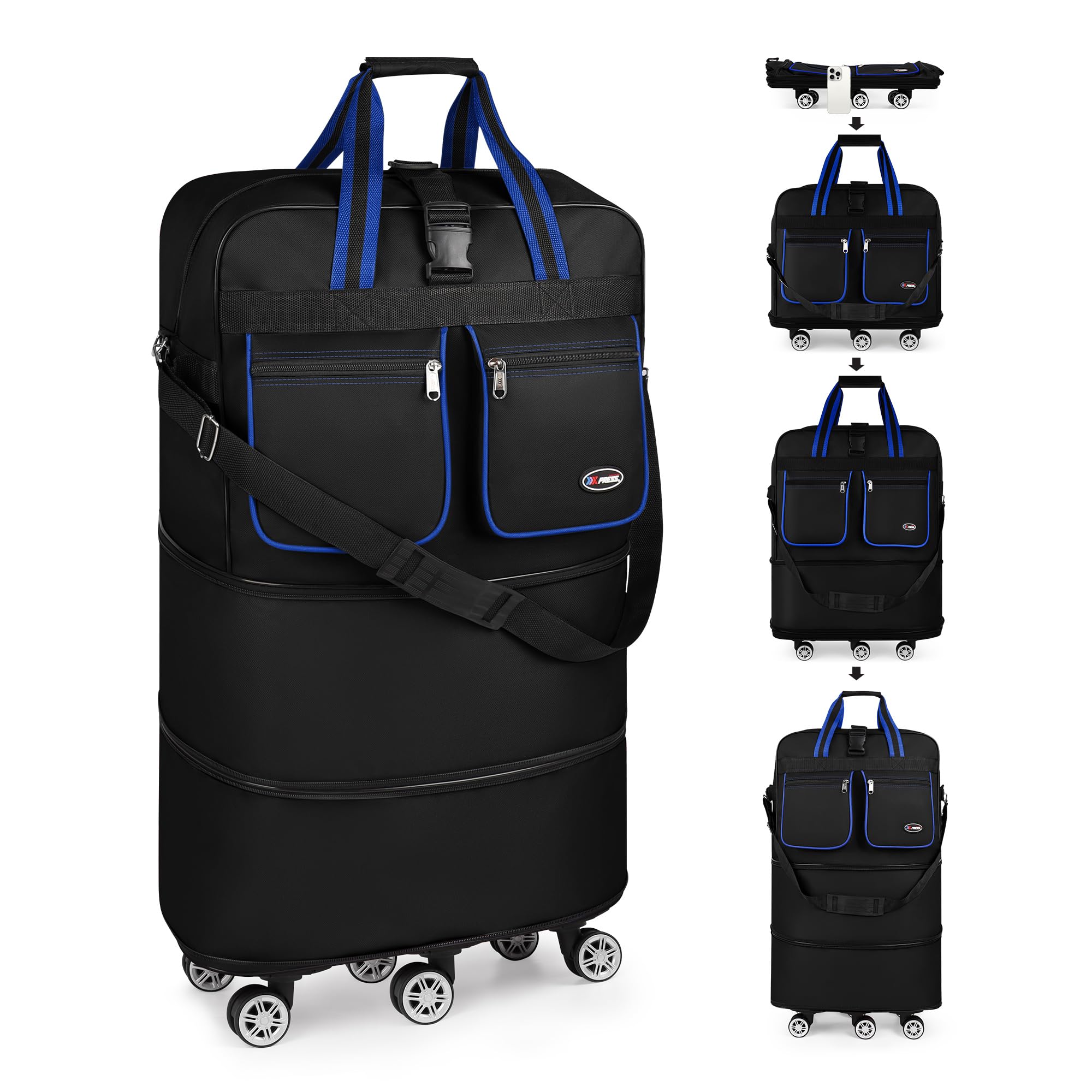 30''36''40''Rolling Duffle Bag with Wheels,Expandable Duffle Bag for Travel for Men Women,Foldable#40''Black-Blue