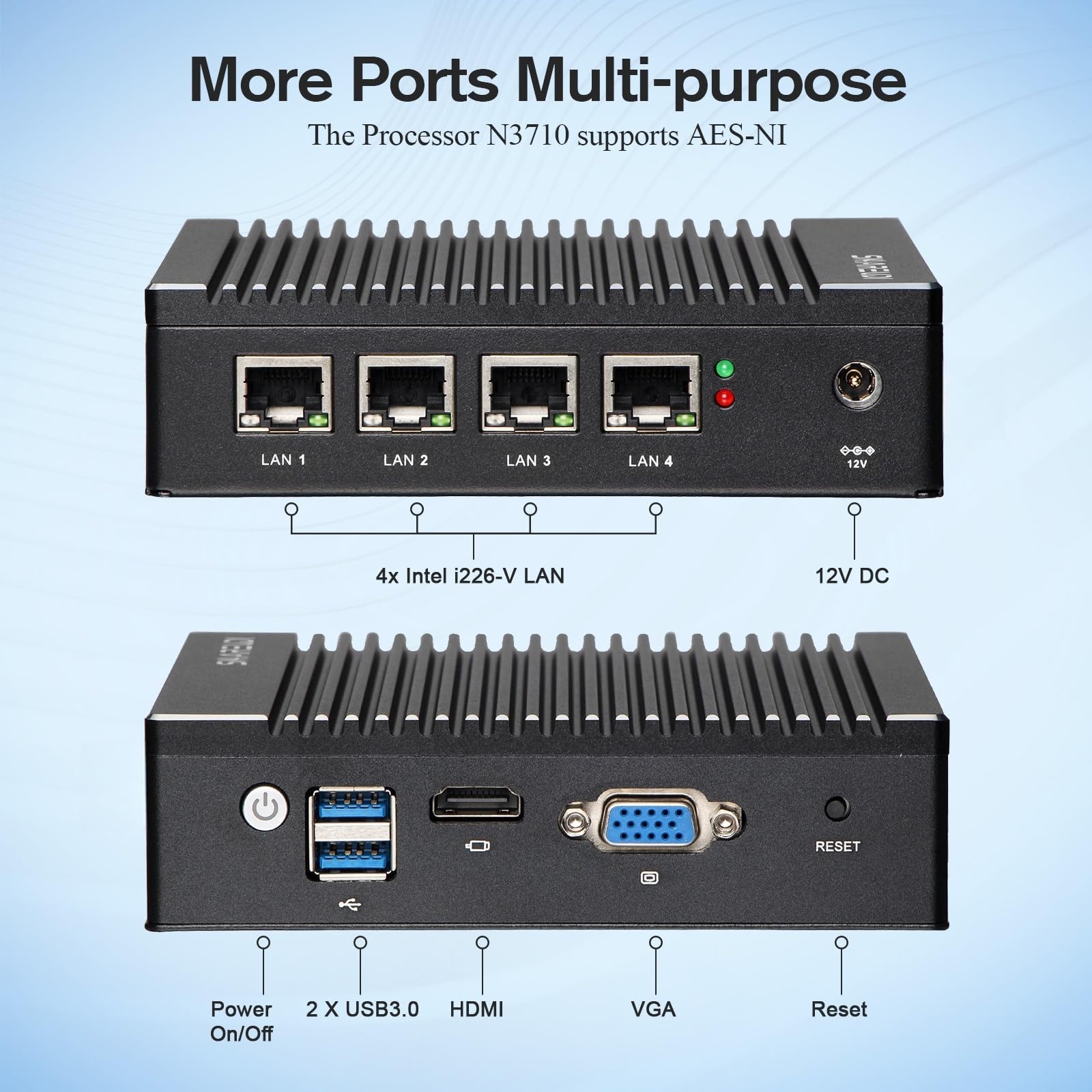 Fanless Firewall Mini PC Firewall Router Intel J3710 Quad Core, 4 porte LAN Intel 2,5 GbE i226-V, test gateway di rete AES NI con Pf-Sense/Opn-Sense SENZA RAM SENZA SSD SENZA Sistema