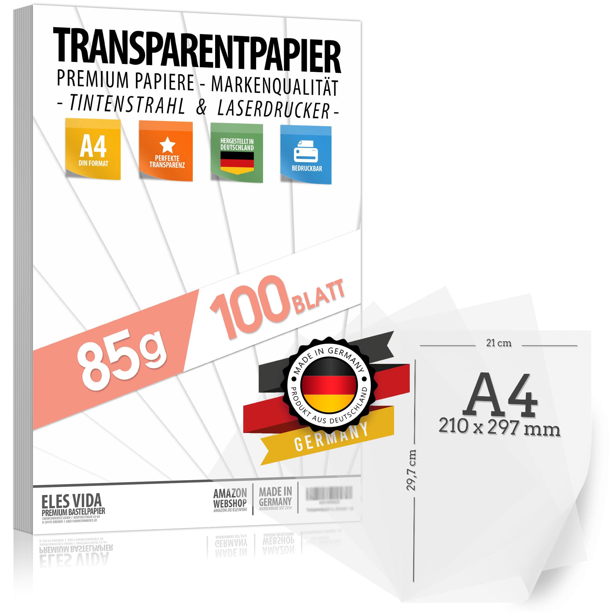 100 feuilles de papier dessin transparent A4 85 g/m² IMPRIMABLE - papier glassine - parchemin transparent - craft - pour imprimante jet d'encre et laser
