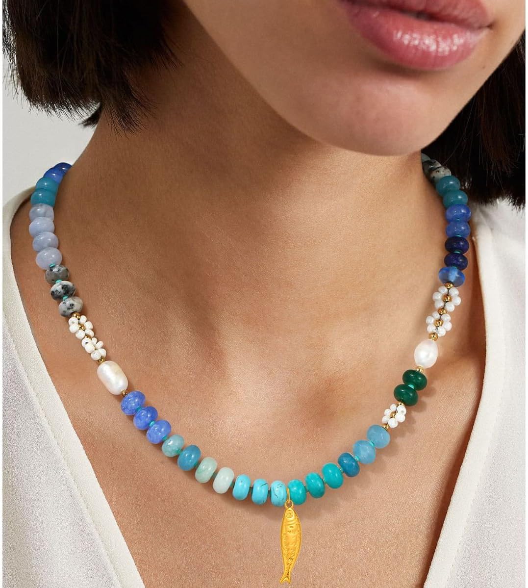 Colorful Beaded Gemstone Choker Necklaces For Women, Boho 14K Gold Stainless Steel Fish Pendant Natural Stone Summer Charm Beach Jewelry Gift - Image 4