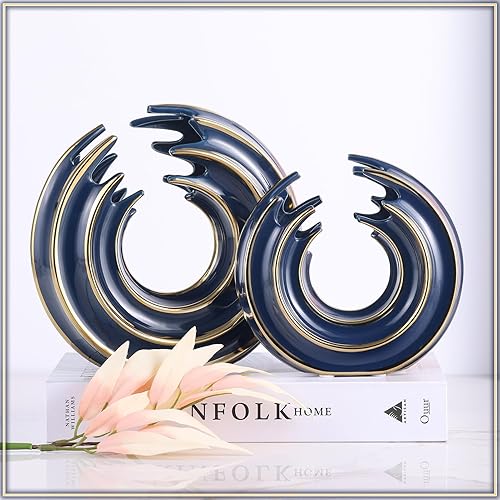 Miniatura 6 de Juego de 2 jarrones redondos de cerámica para decoración del hogar (línea dorada, azul dorado)