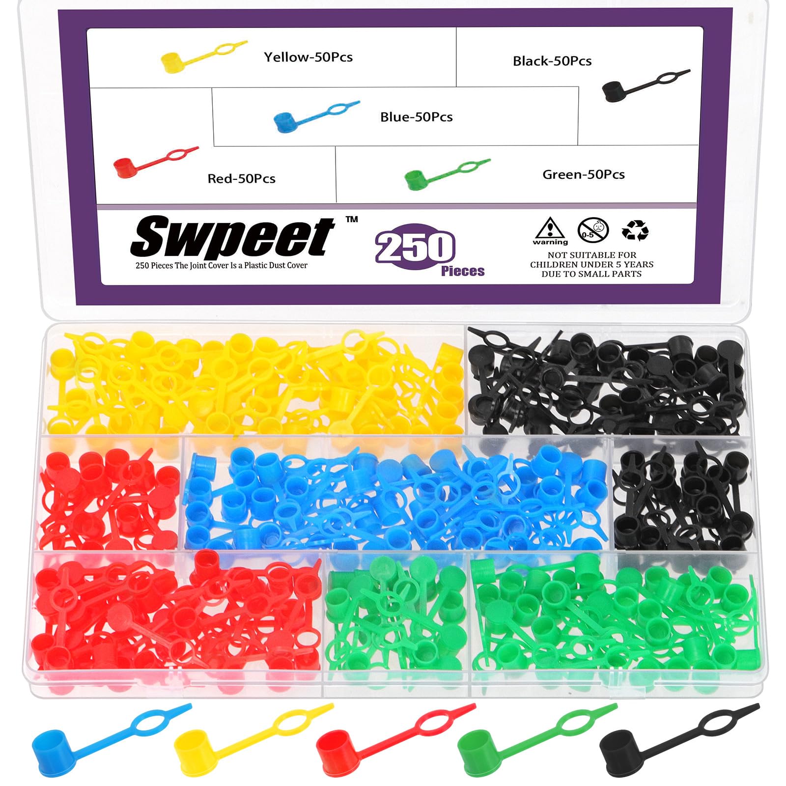Tapas de grasa de plástico Swpeet de 7mm y 5 colores para boquillas zerk en kit de 250 piezas