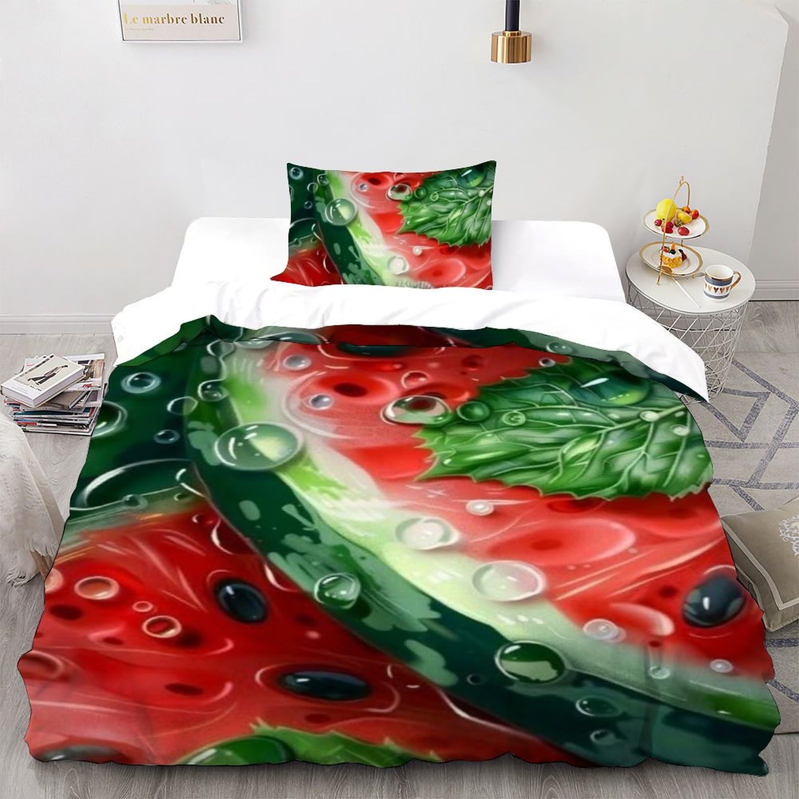 Housse de couette fruits 135x200 imprimé 3D pastèque microfine avec 1 taie d'oreiller enfant