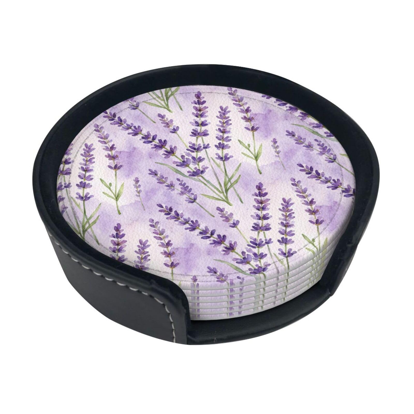 Cntdbu White Lavender Floral Pattern Leather Coasters Set Of 6-Pu Leather Drink Mats For Table, Heat Resistant Round Coasters With Holder