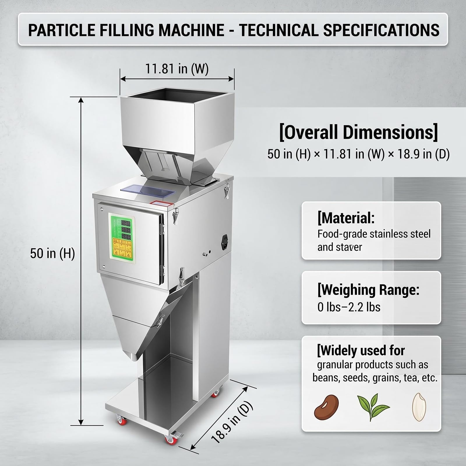 Macchina riempitrice e pesatrice automatica, in acciaio inox, per confezionamento di particelle, ideale per piccoli negozi al dettaglio. Riso, arachidi e granulati misti.