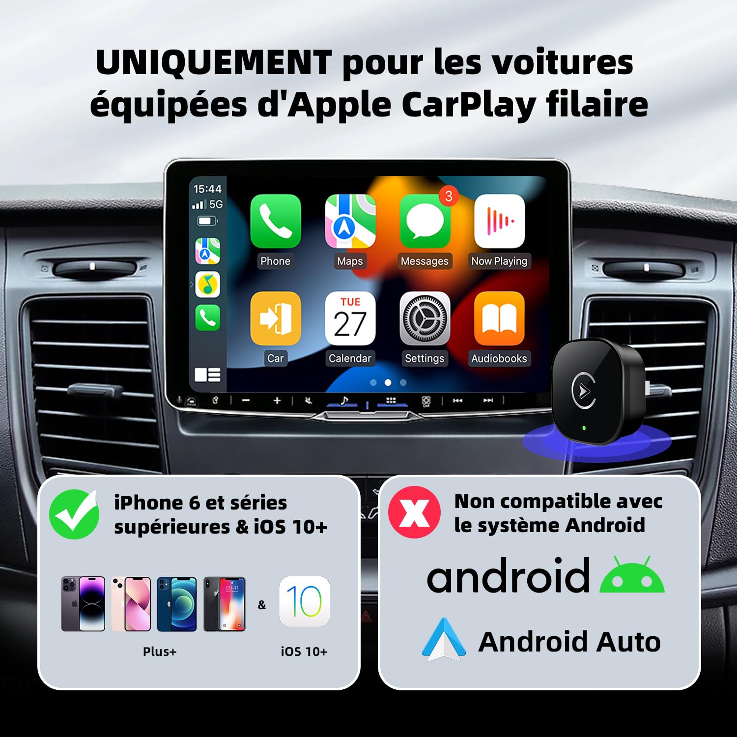 2026 Carplay sans Fil, Mini Adaptateur Carplay sans Fil pour iPhone et Plus de 1k+ Voitures, Type-C/USB, Connexion Rapide Stable, Compatible avec iOS 10+ Autos à partir de 2015
