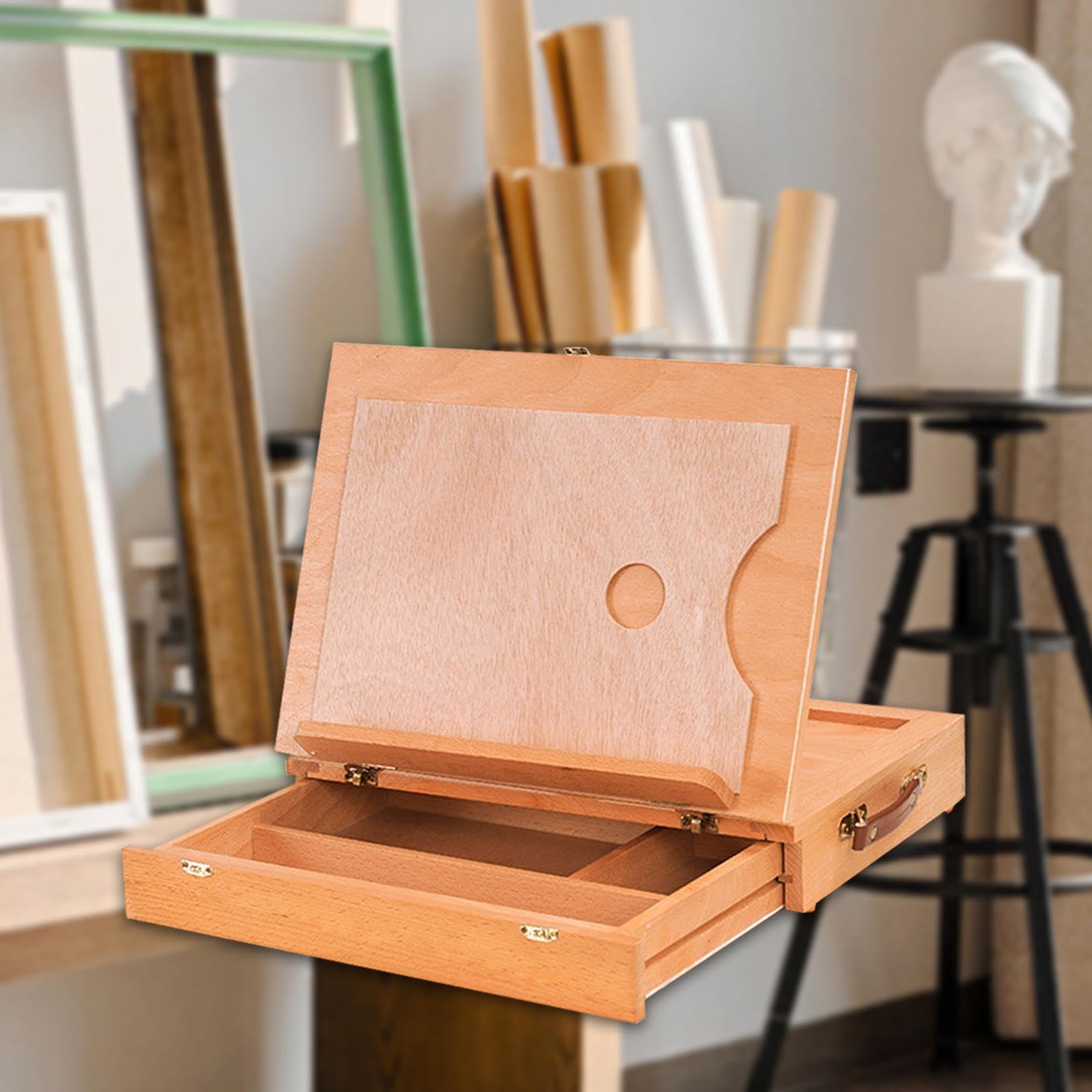 Chevalet de table en bois avec boîte et lisse, idéal pour la peinture, le dessin et le traçage, Beige, M.