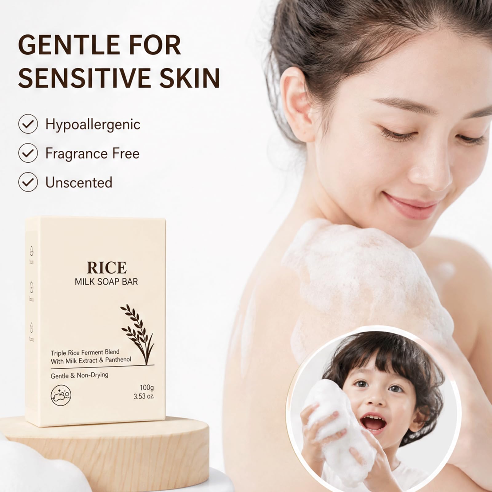 Barre de savon au lait de riz - barre hydratante naturelle pour le visage et le corps, barre de savon hydratante pour les peaux sensibles, barre de lavage doux pour le visage pour femmes (5PCS)