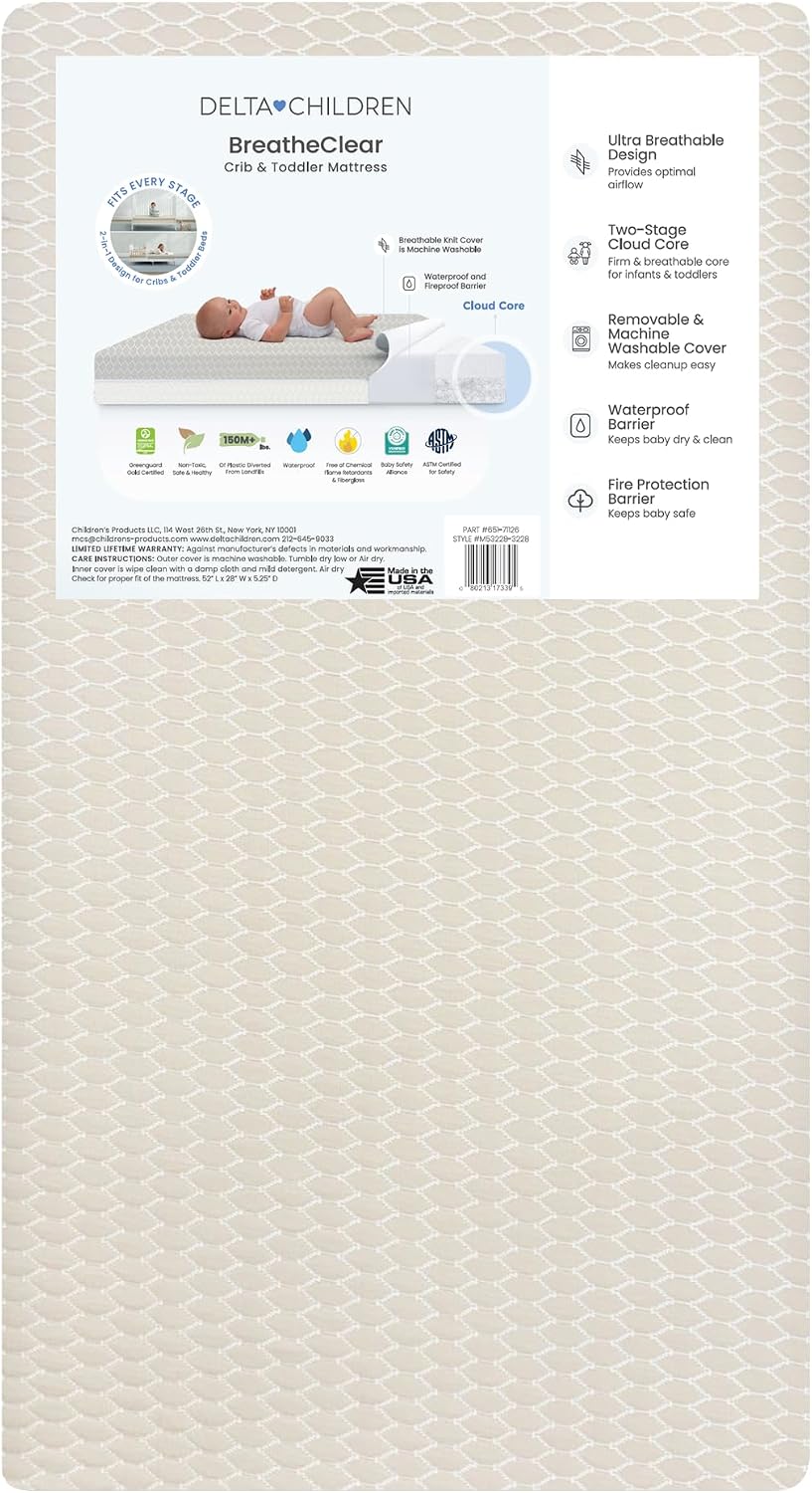 Delta Children BreatheClear Dual-Sided Crib Mattress, Breathable & GREENGUARD Gold Certified