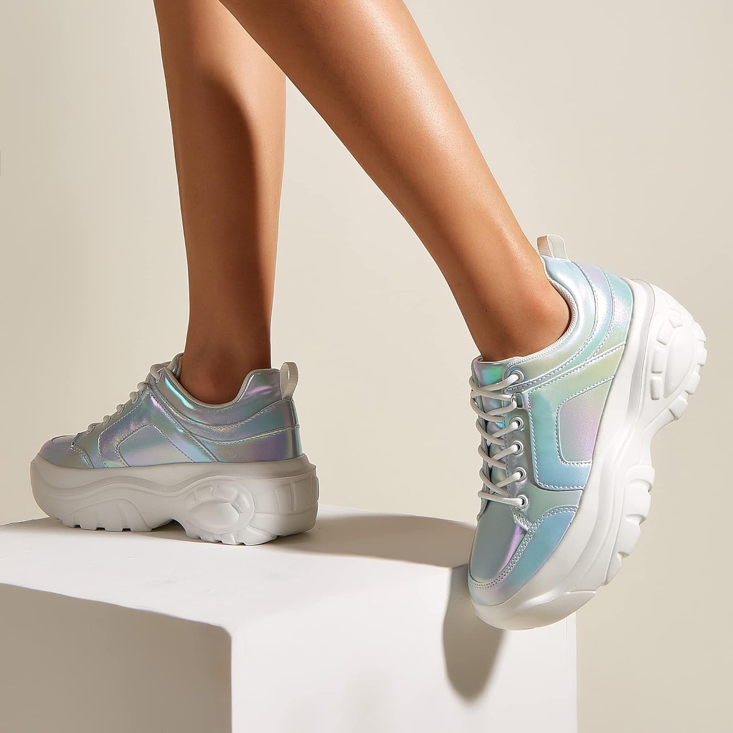 LUCKY STEP Women Chunky Platform Dad Colorblock White Neon Green Fuchsia Hologram Silver Casual Lace-Up Walking Sneakers - Image 6