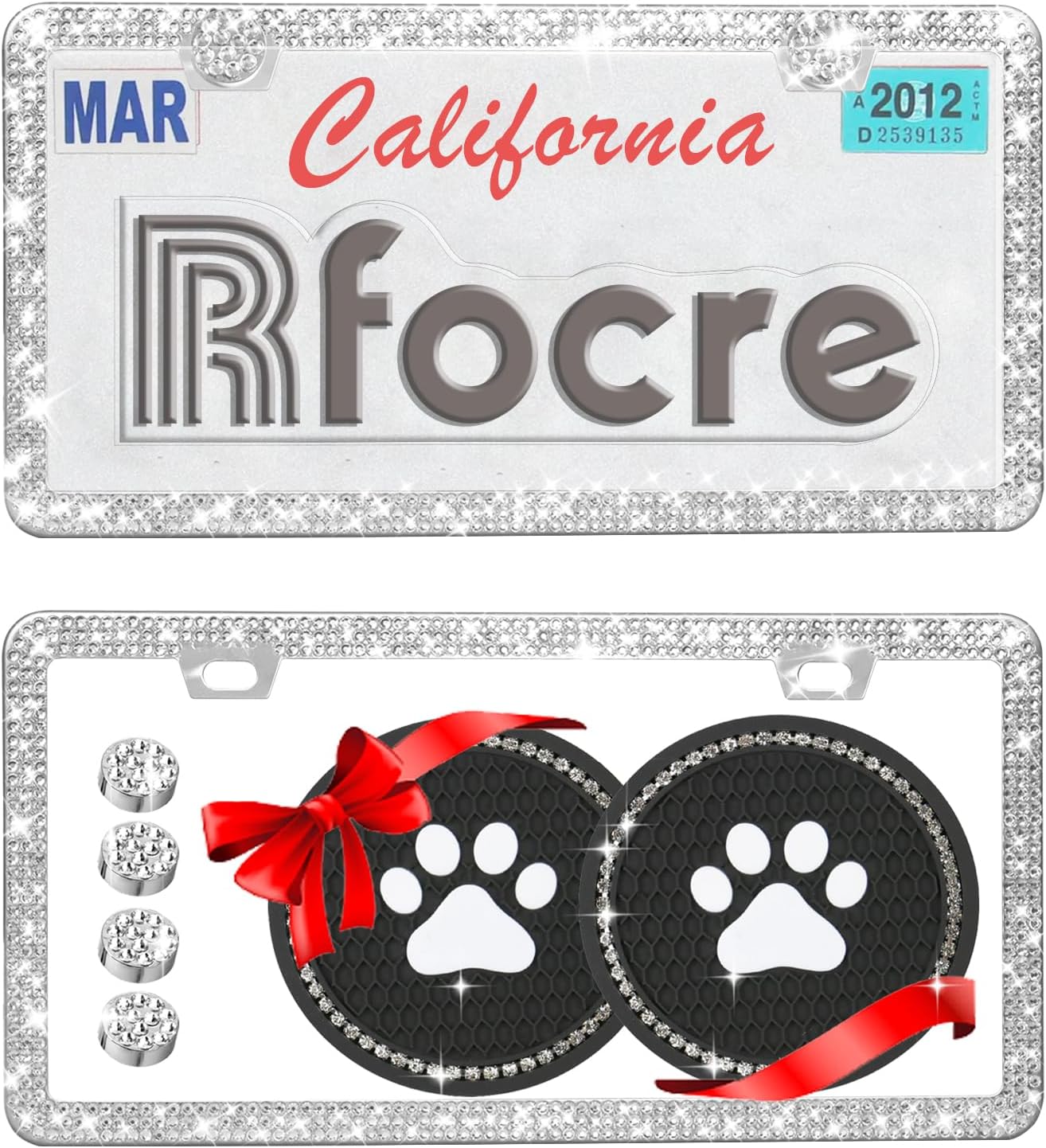 Bling License Plate Frames for Women Sparkly Rhinestone License Plate Frame Diamond Car License Plate Cover Glitter Bedazzled License Plate Holder 2 Pack with Bling Cup Coasters - Image 2