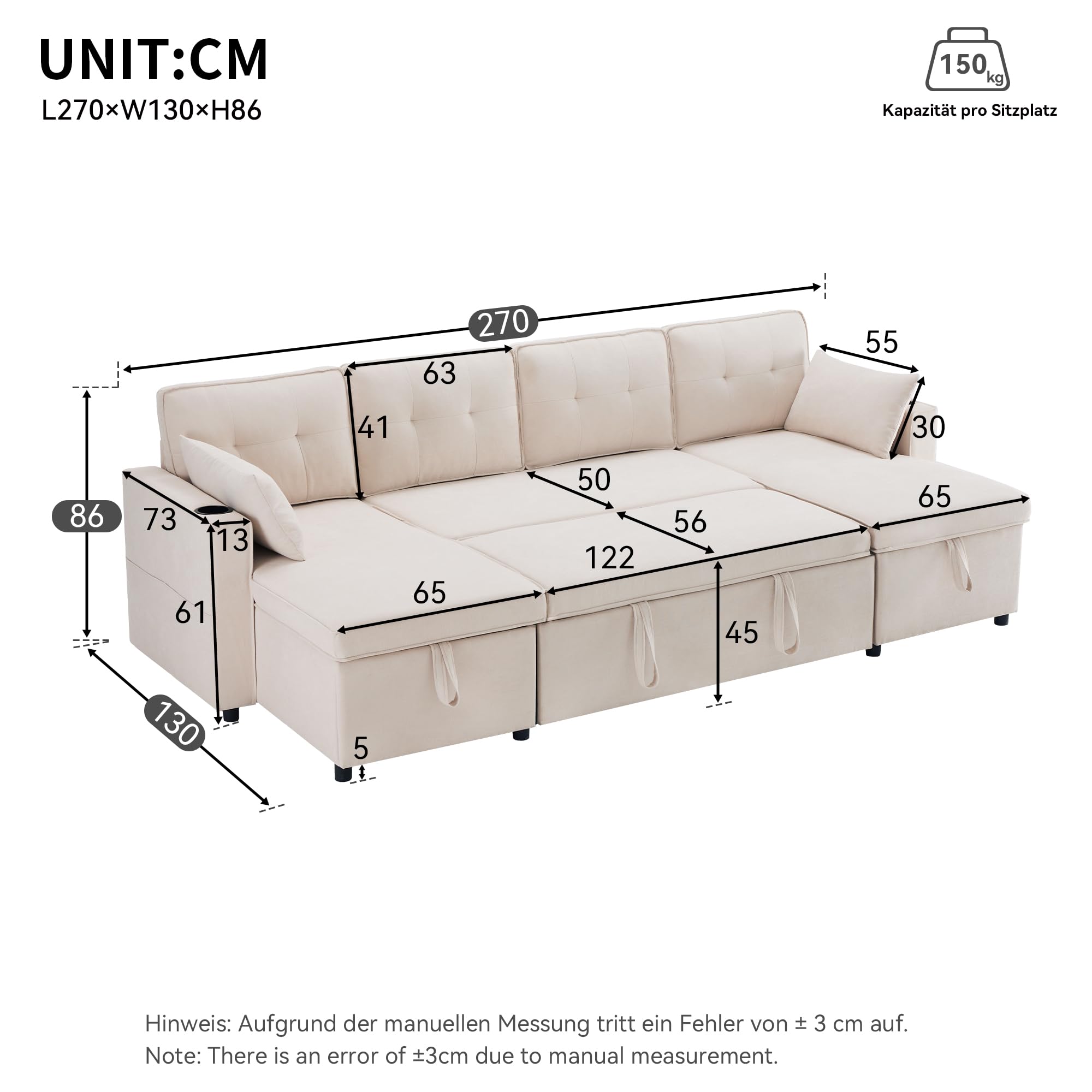 Bladez Divano letto a forma di L con portabevande intercambiabile Chaise Longue moderno soggiorno divano in lino di cotone (beige, 4 posti)