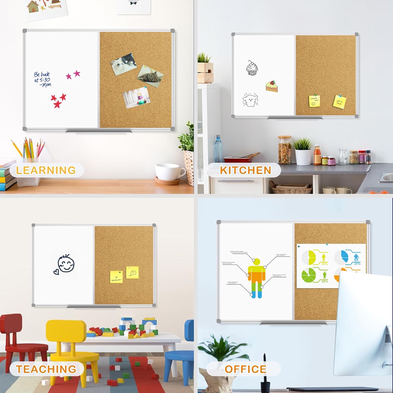 JILoffice White Board & Bulletin Corkboard Combination, Combo Board 36 x 24 Magnetic Whiteboard, Silver Aluminum Frame Wall Mounted Board for Office Home and School with 10 Push Pins