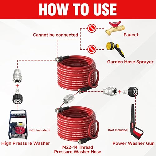 Miniatura 8 de Manguera de lavado a presión de 14 pulgadas x 25 pies, sin torceduras con manguera de arandela de acero inoxidable M22-0.551 in, juego de Sdapter de