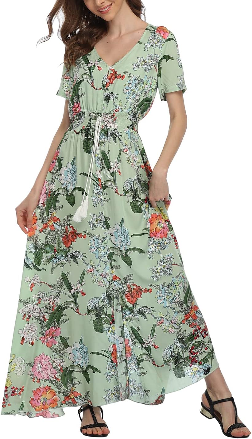Women's Boho Floral Maxi Dress Summer Button Up Split Flowy Beach Party Dress