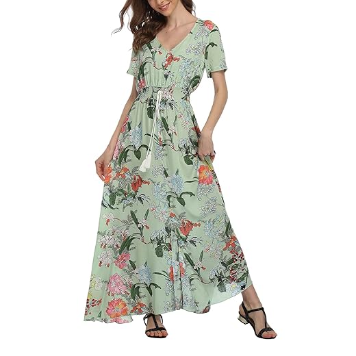 Vestido maxi floral boêmio de verão com botões e fenda rodada na praia