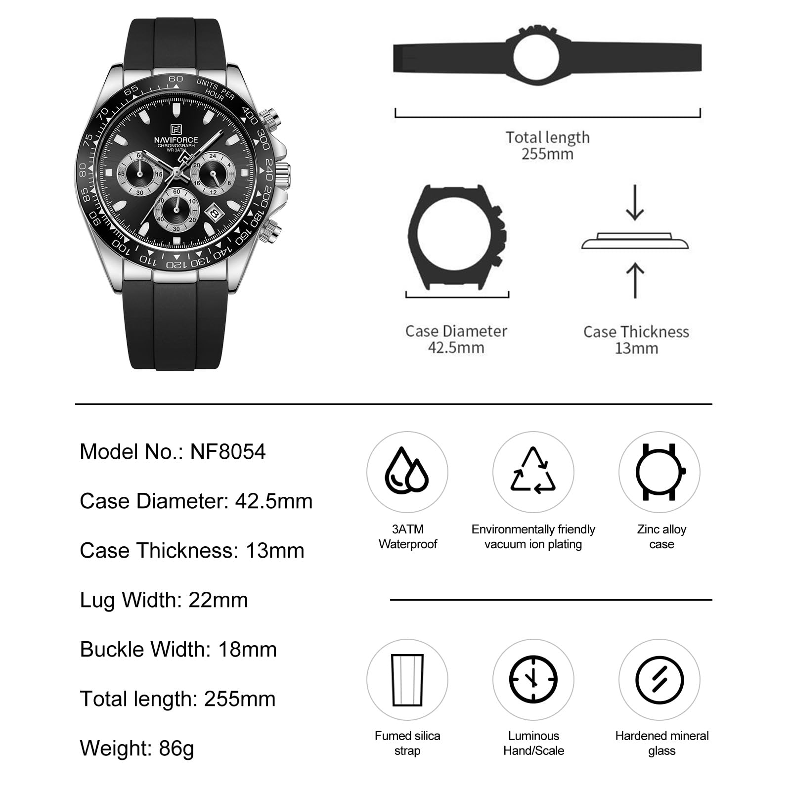 NAVIFORCE Watches for Men,Men's Business Chronograph Wrist Watch, Tachymeter Bezel, Silicone Strap, Date Display, Waterproof 3ATM,Gift - 2